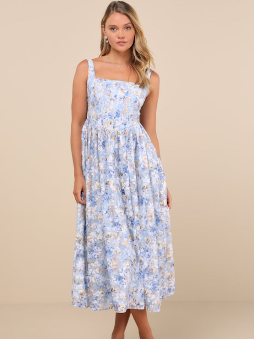 Lulus Colwyn Light Blue Floral Jacquard Bustier Midi Dress - Size L